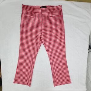 Zara Red Gingham Pants XL Cropped Stretch Trousers Retro Picnic Statement Pink